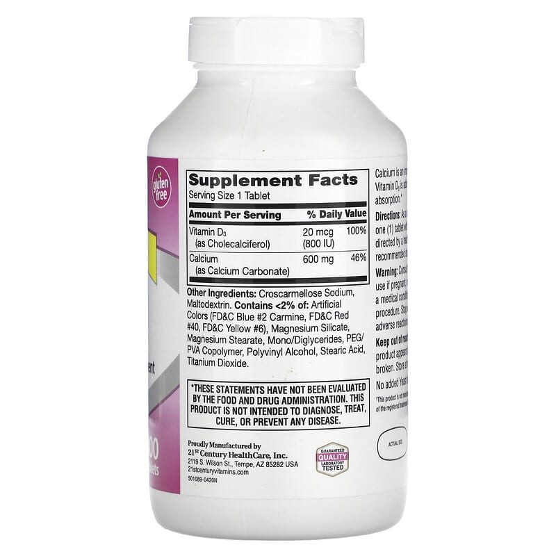 21st Century, 600+D3, Calcium & Vitamin D3 Supplement, 400 Tablets 740985275313