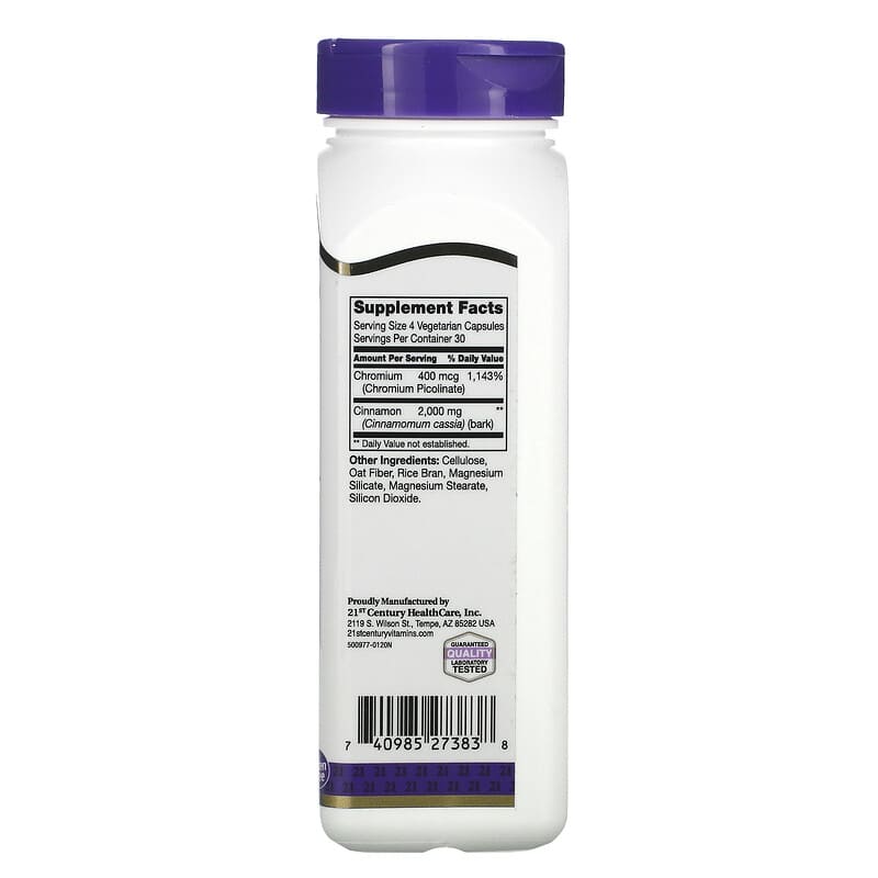 21st Century, Cinnamon Plus Chromium, 500 mg, 120 Vegetarian Capsules 740985273838