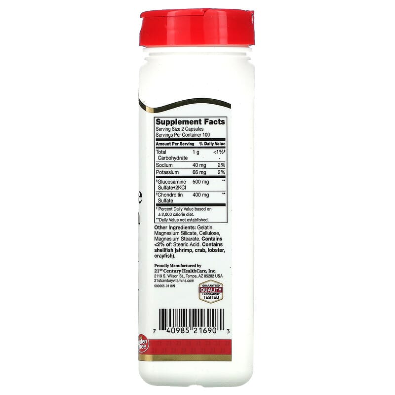 21st Century, Glucosamine / Chondroitin, Original Strength, 250 mg / 200 mg, 200 Easy to Swallow Capsules 740985216903