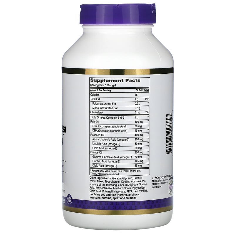 21st Century, Triple Omega Complex 3-6-9, 180 Enteric Coated Softgels 740985228753