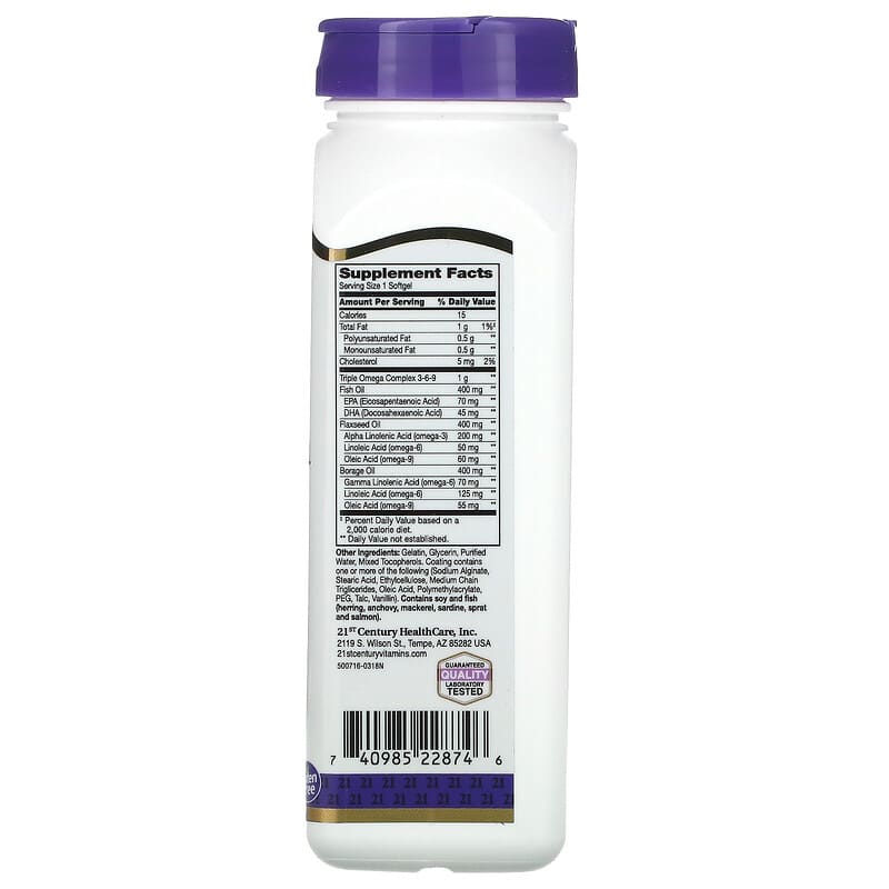 21st Century, Triple Omega Complex 3-6-9, 90 Enteric Coated Softgels 740985228746