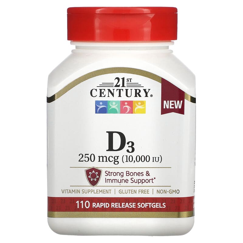 21st Century Vitamin D3 250 mcg (10,000 IU) 110 Rapid Release Softgels 740985280607