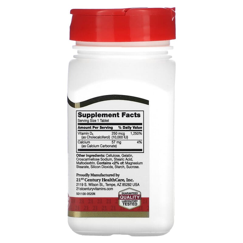 21st Century, Vitamin D3, 250 mcg (10,000 IU), 110 Tablets 740985275047