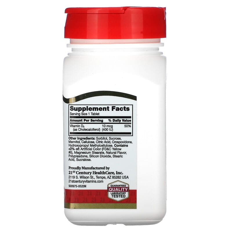 21st Century, Vitamin D3, Chewable, Orange, 100 mcg (400 IU), 110 Tablets 740985273807