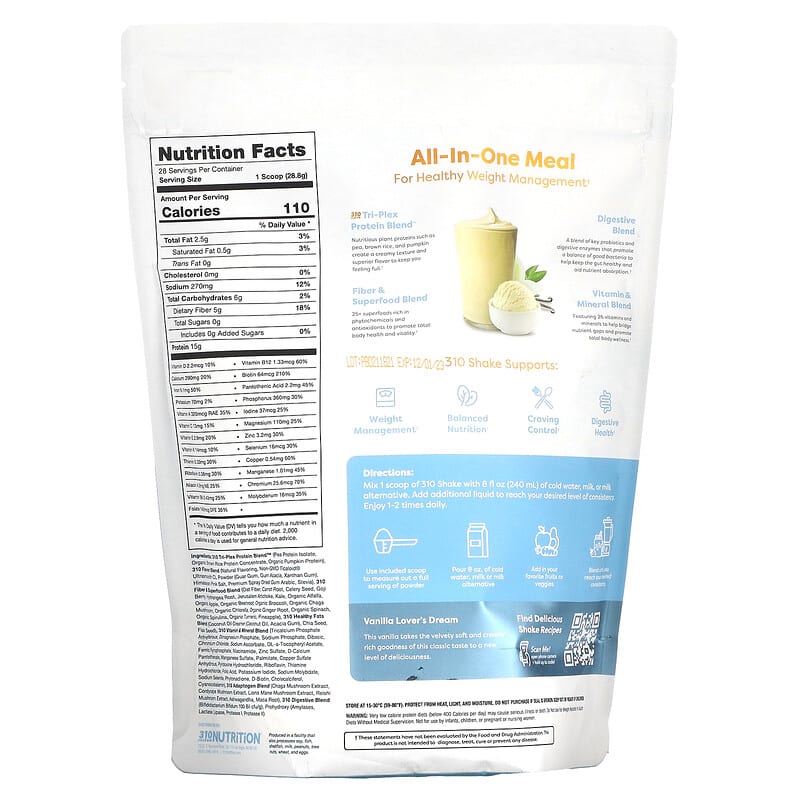 310 Nutrition, All-In-One Meal Shake, Vanilla Creme, 28.4 oz (804.6 g) 810018832094