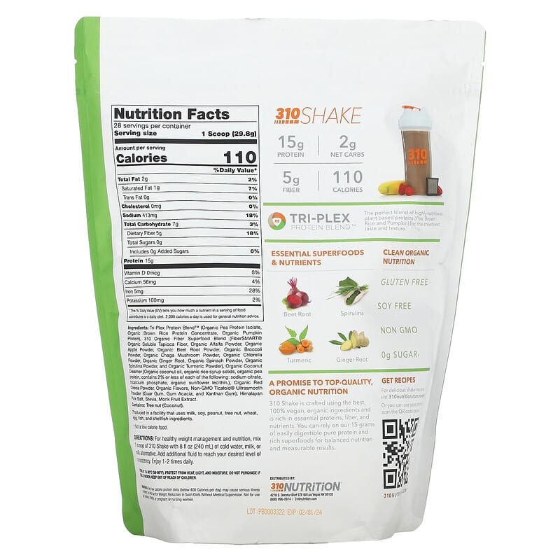 310 Nutrition, Meal Replacement Shake, Chocolate, 29.4 oz (834.4 g) 810018830434