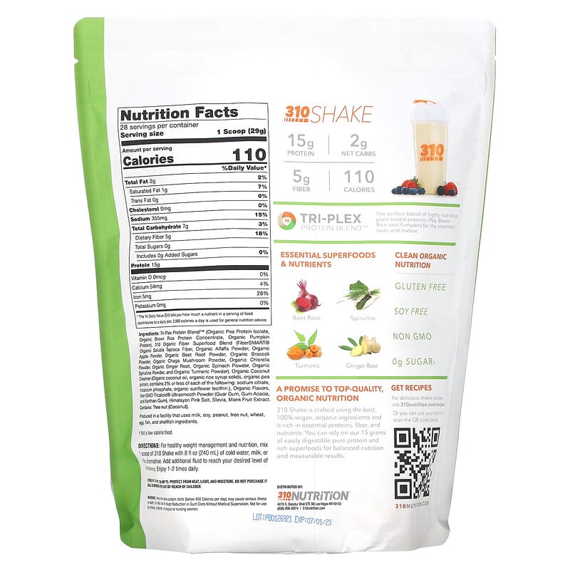 310 Nutrition, Meal Replacement Shake, Vanilla, 28.6 oz (812 g) 810018830458