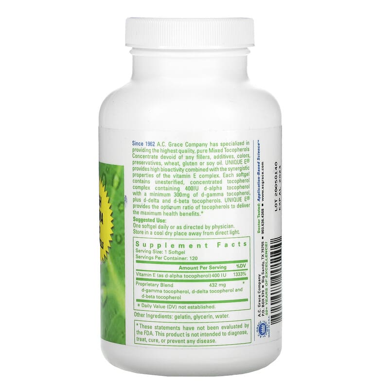 A.C. Grace Company, Unique E, 120 Softgels 894612001100