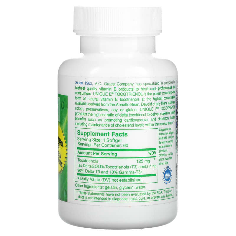 A.C. Grace Company, Unique E Tocotrienol, Tocopherol-Free, 60 Softgels 894612020101