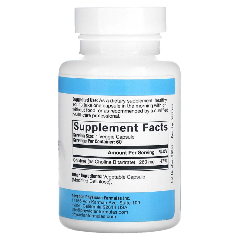 Advance Physician Formulas, Inc., Choline Bitartrate, 650 mg, 60 Vegetable Capsules 896996000083