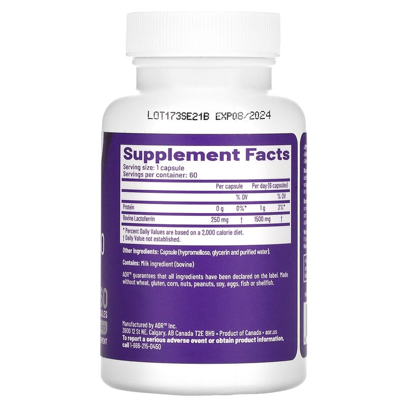 Advanced Orthomolecular Research AOR, Lactoferrin-250, 60 Capsules 624917081107
