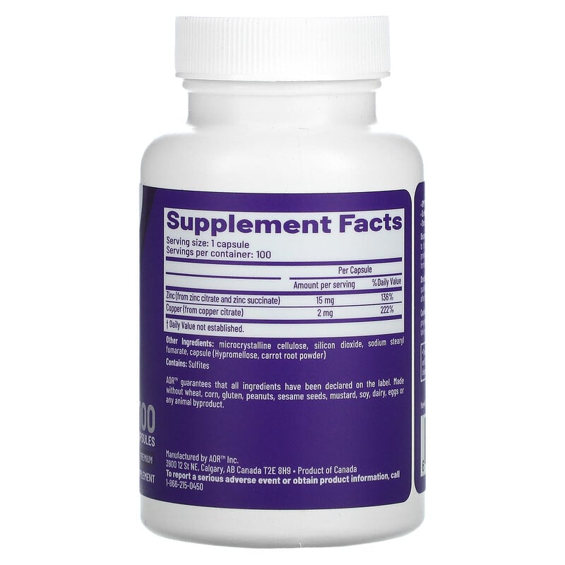 Advanced Orthomolecular Research AOR, Zinc-Copper Balance, 100 Capsules 624917082913