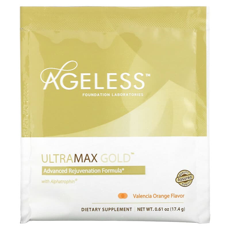 Ageless Foundation Laboratories, UltraMax Gold, Advanced Rejuvenation Formula with Alphatrophin, Valencia Orange, 22 Packets, 0.61 oz (17.4 g) Each 691546001103