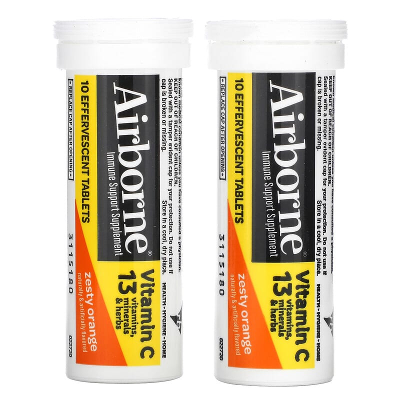 AirBorne, Immune Support Supplement, Zesty Orange, 2 Tubes, 10 Effervescent Tablets Each 647865962984