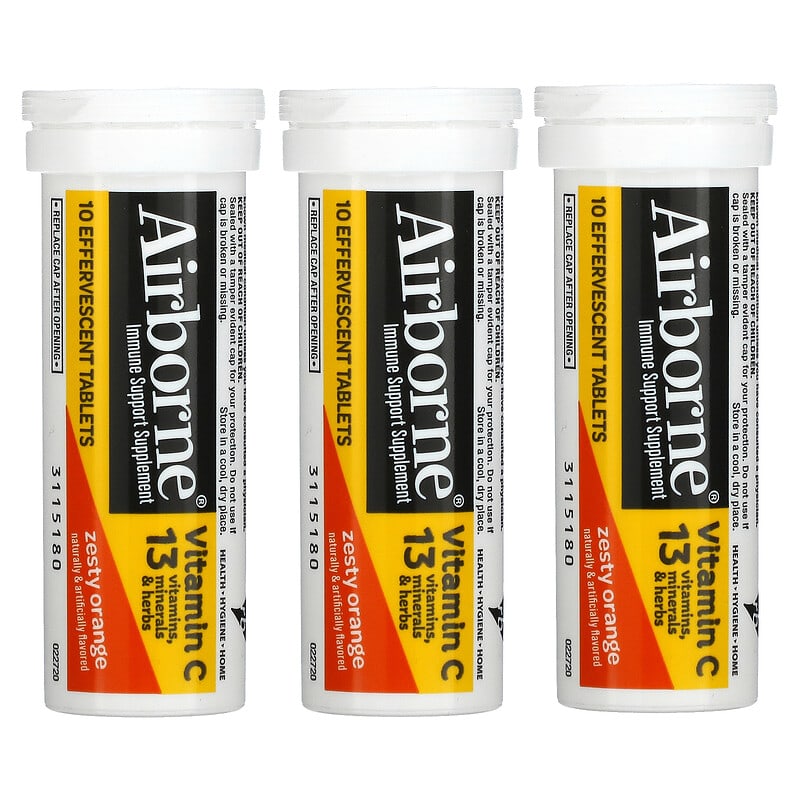 AirBorne, Immune Support Supplement, Zesty Orange, 3 Tubes, 10 Effervescent Tablets Each 647865100300