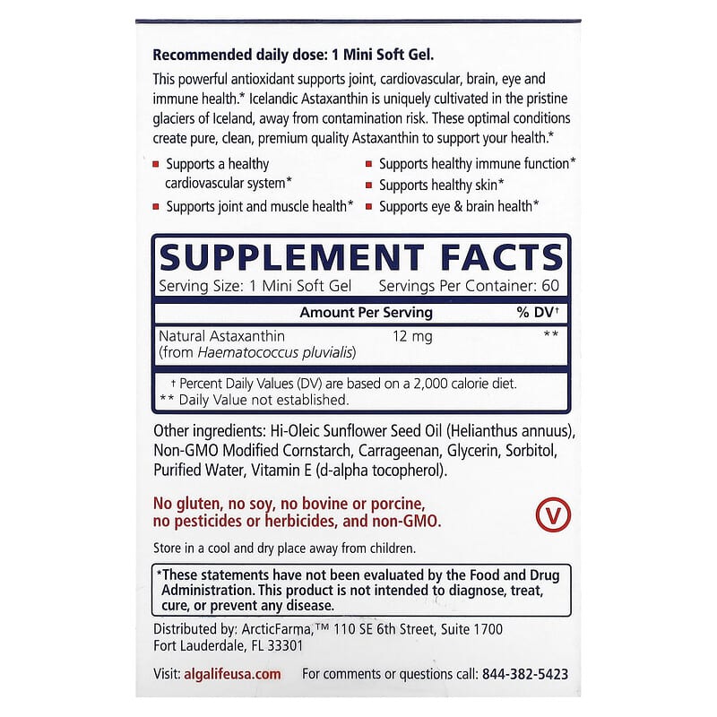Algalife, Icelandic Astaxanthin, 12 mg, 60 Mini Soft Gels 866509000145