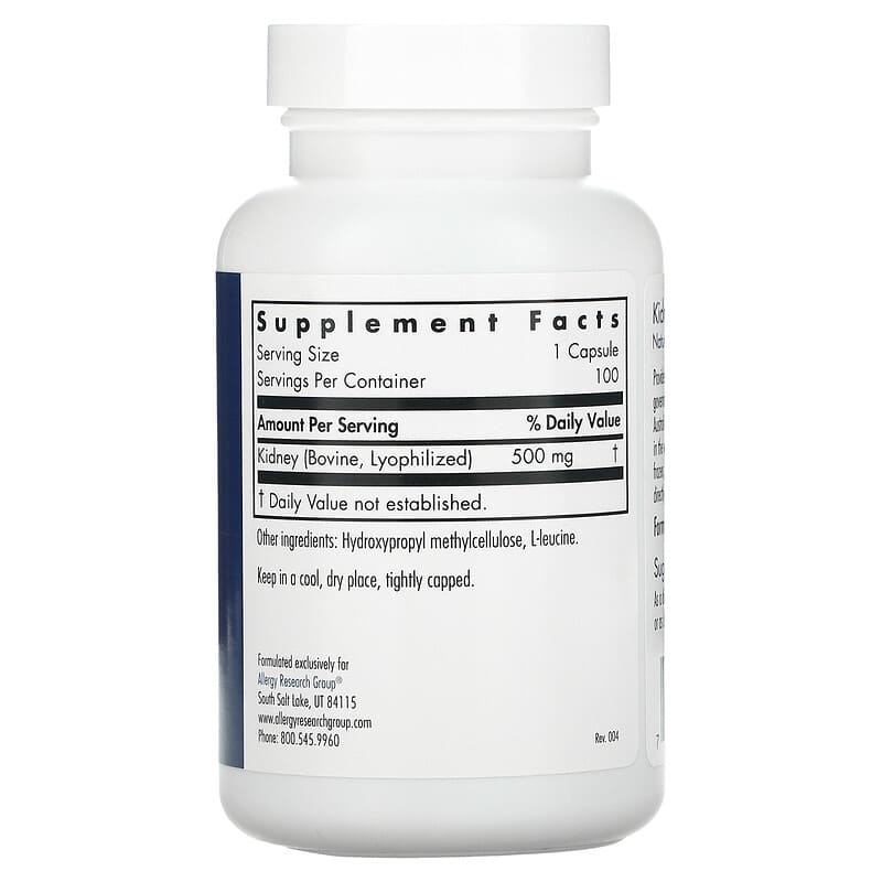 Allergy Research Group, Kidney Beef, Natural Glandular, 100 Vegicaps 713947728004