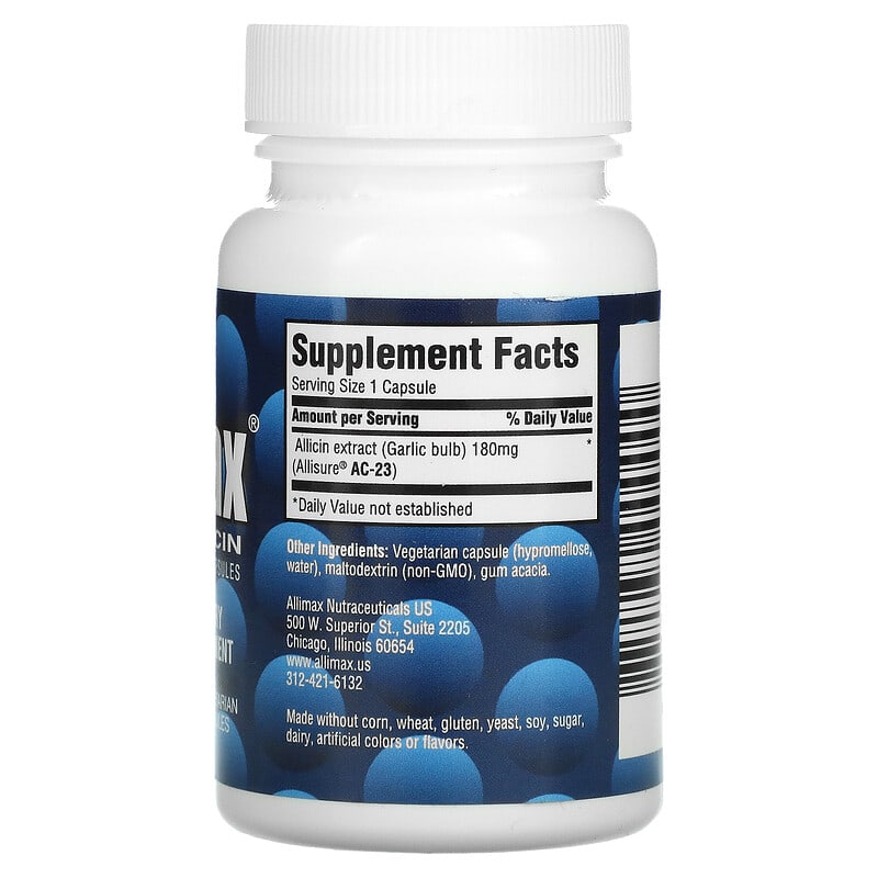 Allimax, 100% Allicin Powder Capsules, 180 mg, 30 Vegetarian Capsules 872232000000