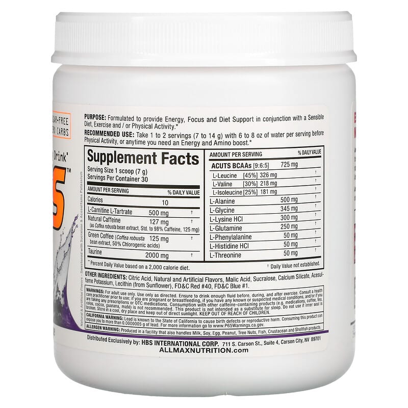 ALLMAX, ACUTS, Amino-Charged Energy Drink, Grape , 7.4 oz (210 g) 665553226828