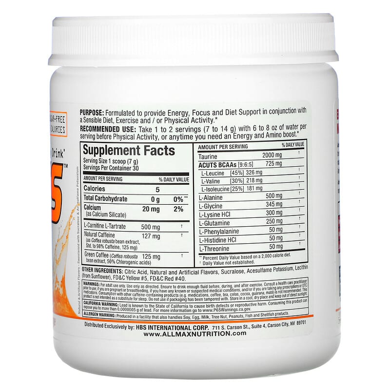 ALLMAX, ACUTS, Amino-Charged Energy Drink, Orange, 7.4 oz (210 g) 665553226033