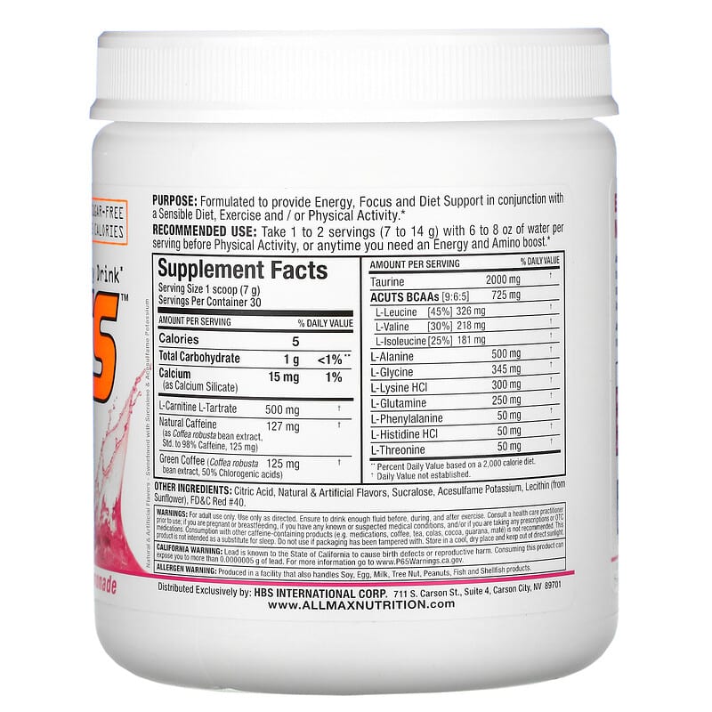 ALLMAX, ACUTS, Amino-Charged Energy Drink, Pink Lemonade, 7.4 oz (210 g) 665553225357