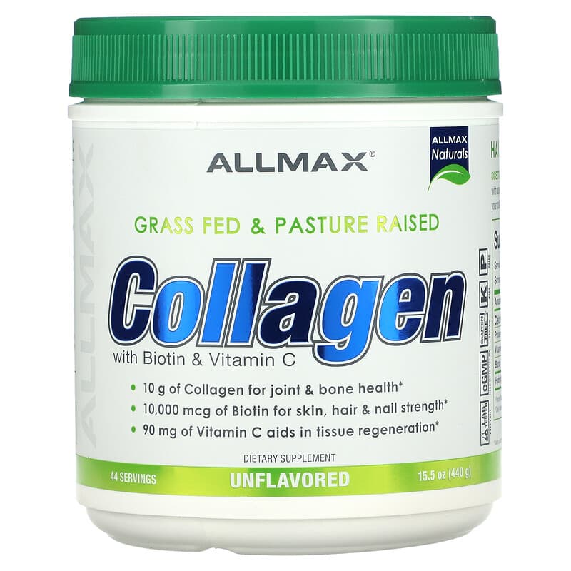ALLMAX Grass Fed & Pasture Raised Collagen with Biotin & Vitamin C Unflavored 15.5 oz (440 g) 665553228402