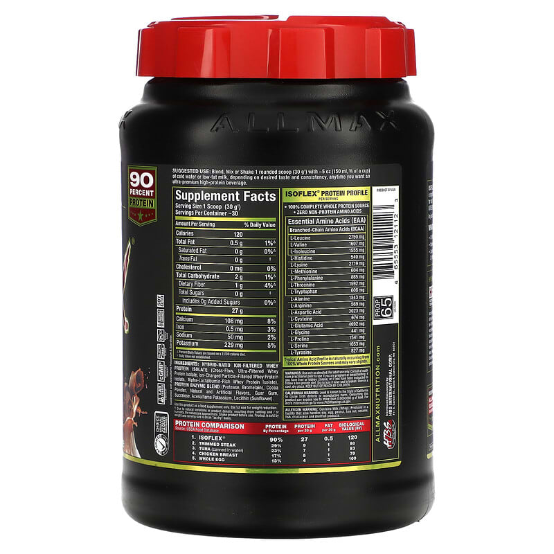 ALLMAX, Isoflex, 100% Ultra-Pure Whey Protein Isolate (WPI Ion-Charged Particle Filtration), Chocolate, 32 oz (907 g) 665553121123