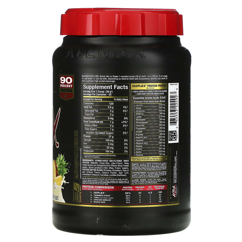 ALLMAX, Isoflex, Pure Whey Protein Isolate (WPI Ion-Charged Particle Filtration), Pineapple Coconut, 2 lbs (907 g) 665553224923