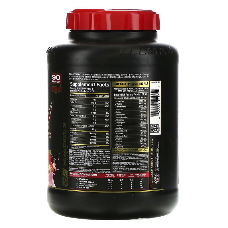 ALLMAX, Isoflex, Pure Whey Protein Isolate (WPI Ion-Charged Particle Filtration), Strawberry, 5 lbs. (2.27 kg) 665553121352