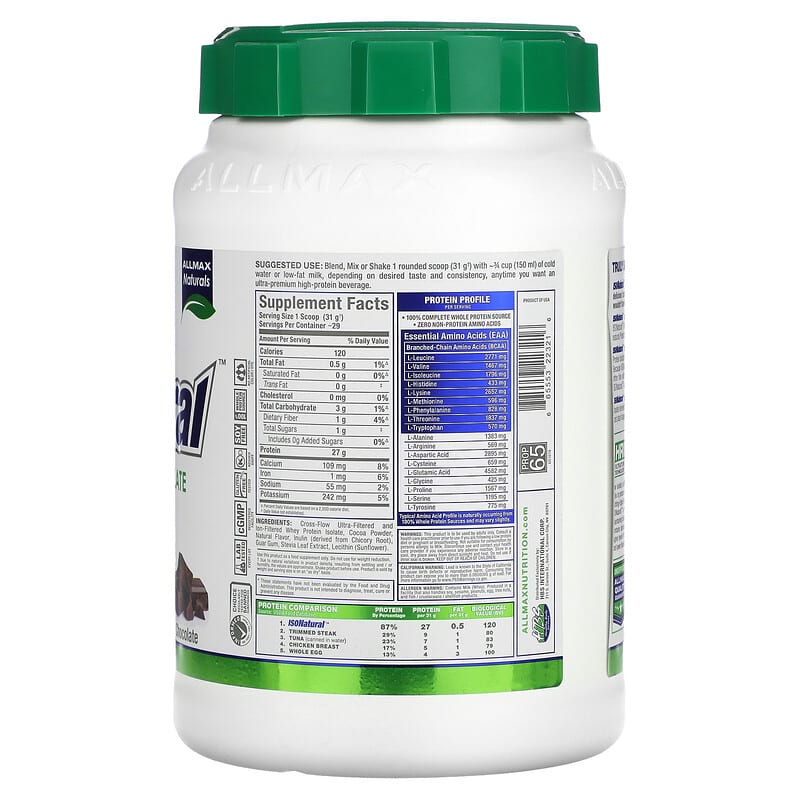 ALLMAX, IsoNatural  Pure Whey Protein Isolate, Chocolate, 2 lbs (907 g) 665553223216