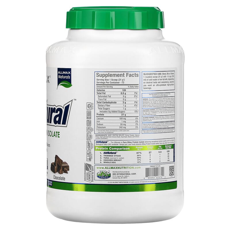 ALLMAX, IsoNatural, Pure Whey Protein Isolate, Chocolate, 5 lbs, (2.27 kg) 665553223742