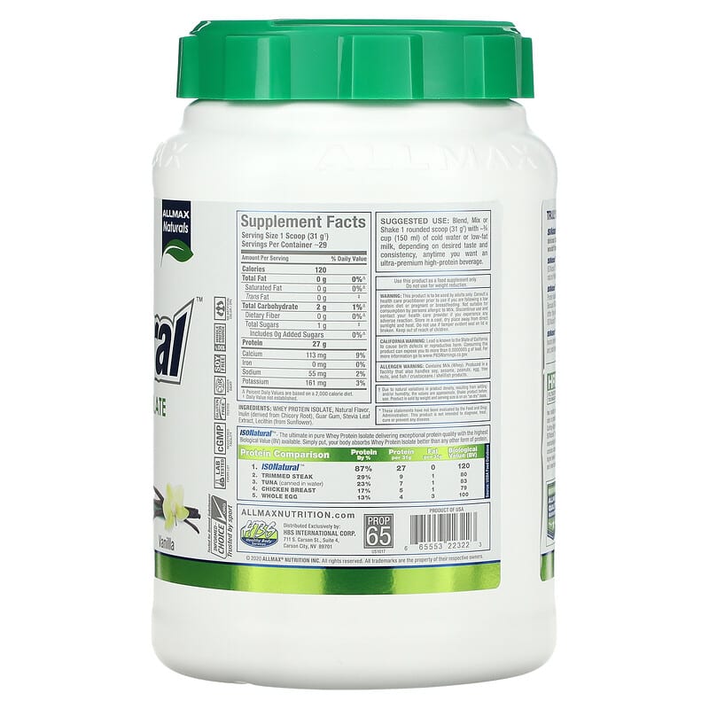 ALLMAX, IsoNatural, Pure Whey Protein Isolate, Vanilla, 2 lbs (907 g) 665553223223