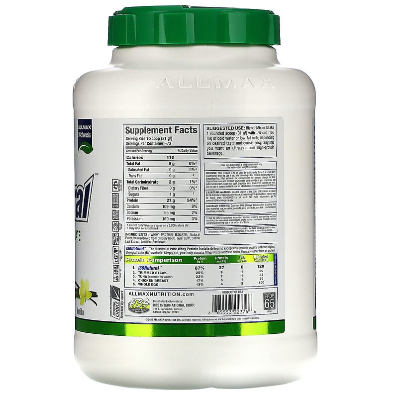 ALLMAX, IsoNatural, Pure Whey Protein Isolate, Vanilla, 5 lbs (2.27 kg) 665553223766