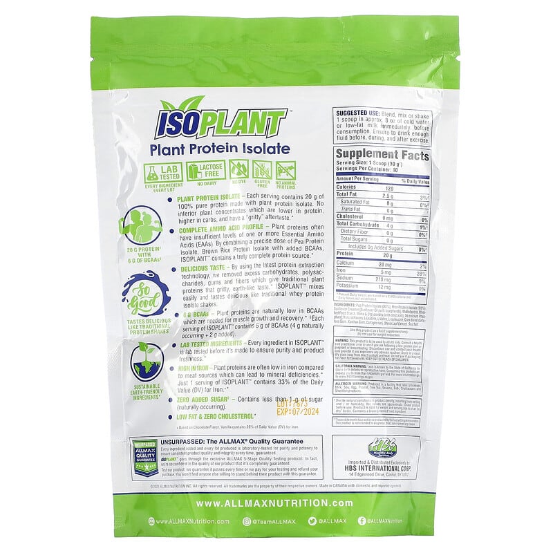 ALLMAX, Isoplant, Plant Protein Isolate, Vanilla, 10.6 oz (300 g) 665553229607