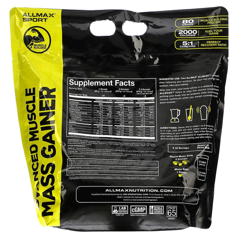 ALLMAX, Sport, All Mass, Advanced Muscle Gainer, Chocolate, 5 lbs, 2.27 kg (80 oz) 665553229263