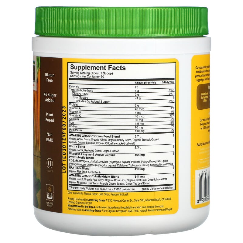 Amazing Grass, Greens Blend, Superfood, Chocolate, 8.5 oz (240 g) 829835933006