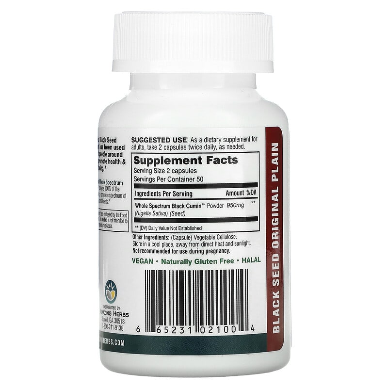 Amazing Herbs, Black Seed, Original Plain, 100 Vegetarian Capsules 665231021004
