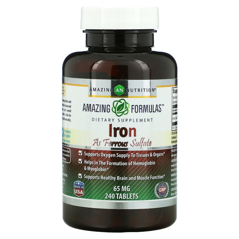 Amazing Nutrition Iron As Ferrous Sulfate 65 mg 240 Tablets 810180022972