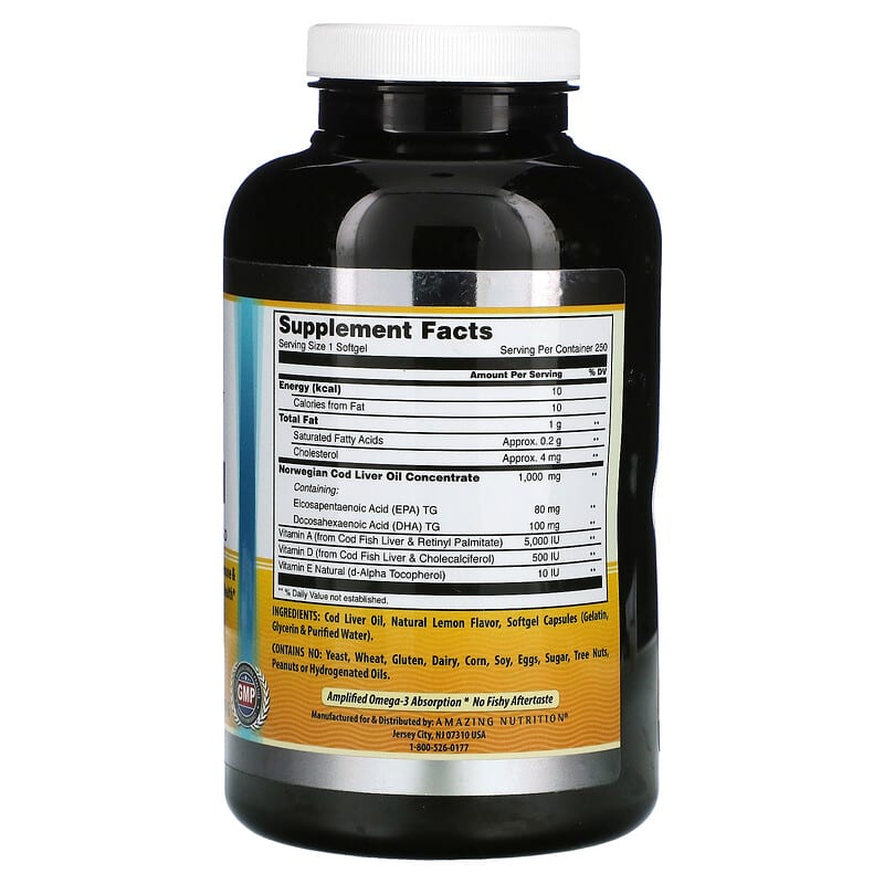Amazing Nutrition, Norwegian Cod Liver Oil, Lemon, 1,000 mg, 250 Softgels 810180021098