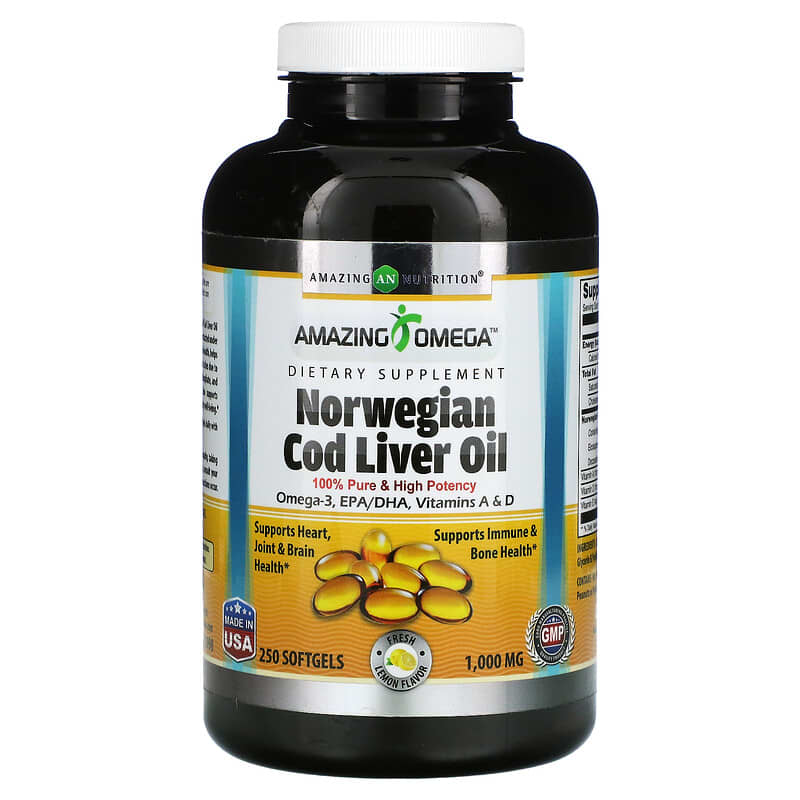 Amazing Nutrition Norwegian Cod Liver Oil Lemon 1,000 mg 250 Softgels 810180021098