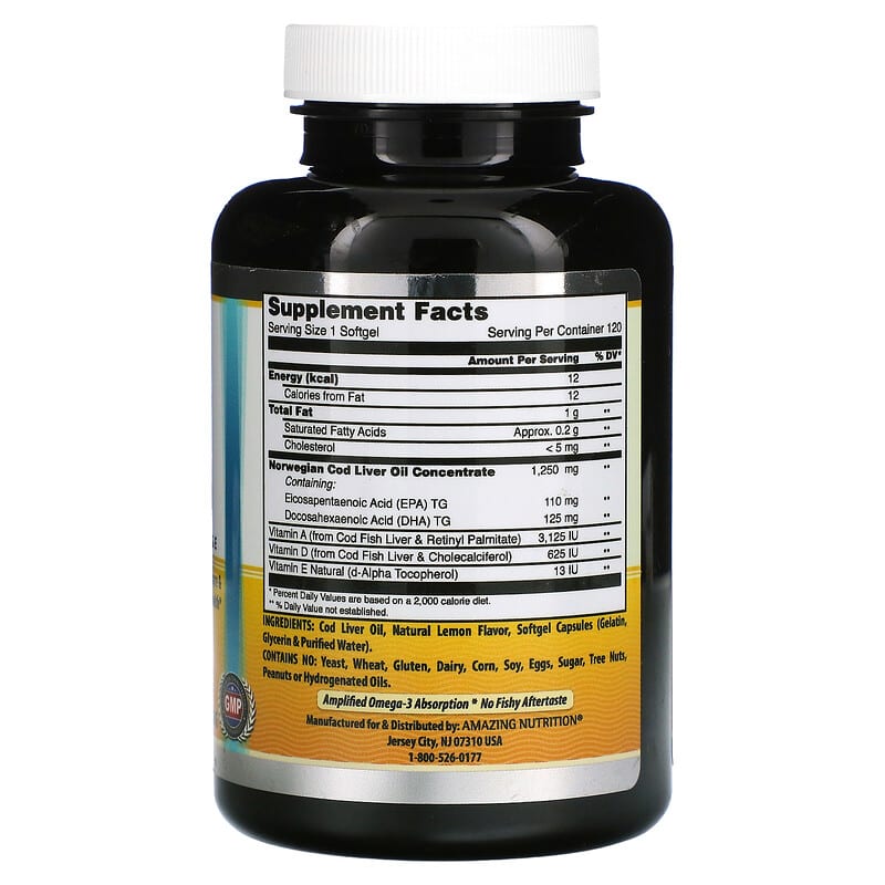 Amazing Nutrition, Norwegian Cod Liver Oil, Lemon, 1,250 mg, 120 Softgels 810180029377