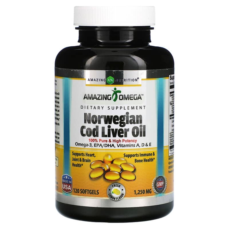 Amazing Nutrition Norwegian Cod Liver Oil Lemon 1,250 mg 120 Softgels 810180029377