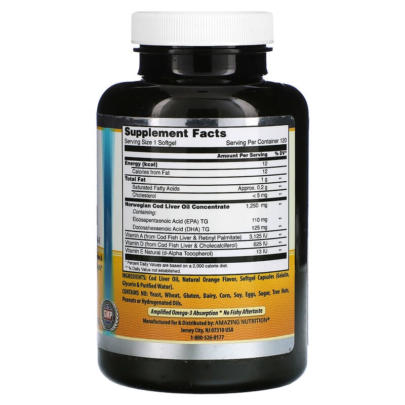 Amazing Nutrition, Norwegian Cod Liver Oil, Orange, 1,250 mg, 120 Softgels 810180029384