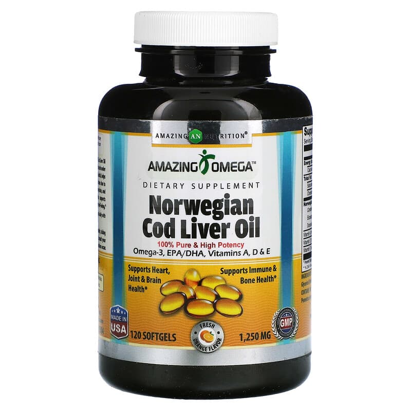 Amazing Nutrition Norwegian Cod Liver Oil Orange 1,250 mg 120 Softgels 810180029384