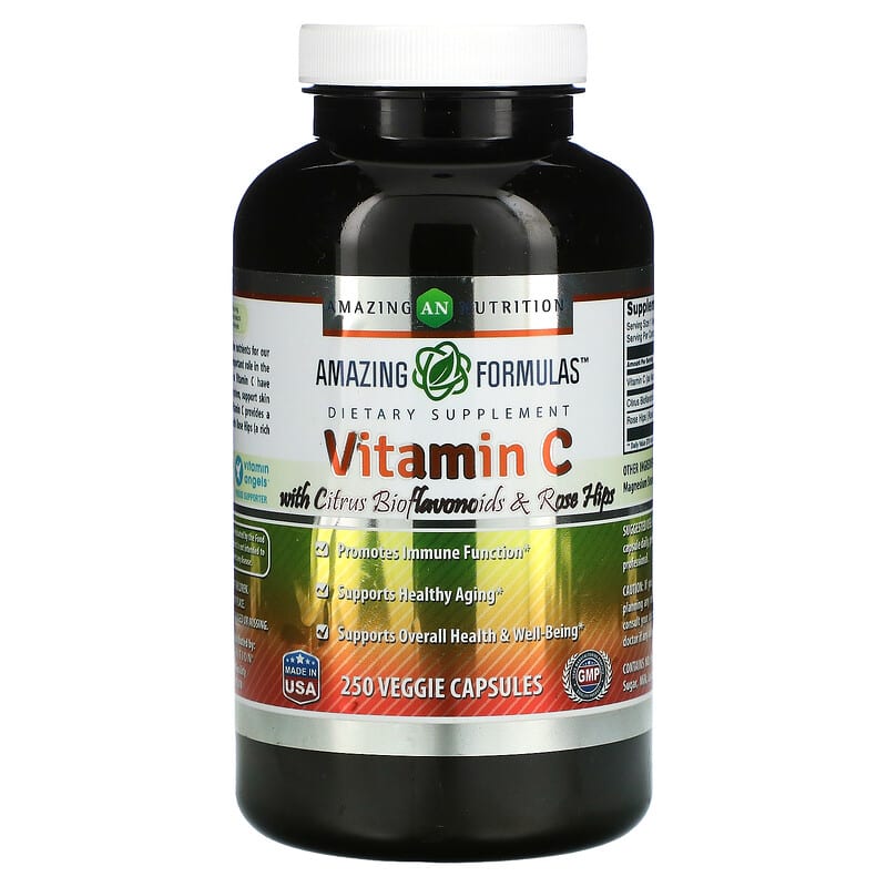 Amazing Nutrition Vitamin C with Citrus Bioflavonoids & Rosehips 250 Veggie Capsules 819209020661