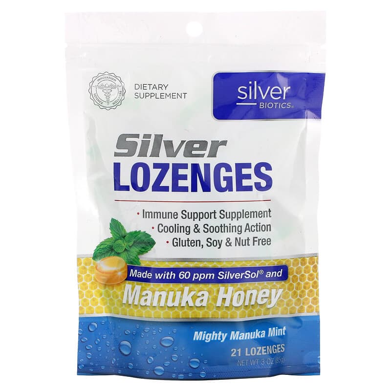 American Biotech Labs Silver Biotics Mighty Manuka Mint 21 Lozenges 3 oz (85 g) 831060004901