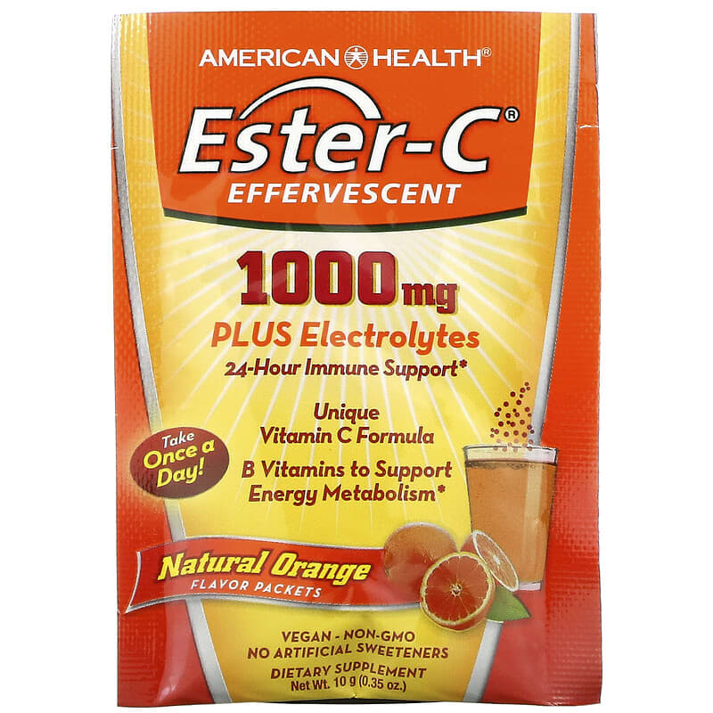 American Health, Ester-C Effervescent, Natural Orange Flavor, 1,000 mg, 21 Packets, 0.35 oz (10 g) Each 76630588805