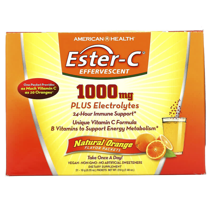 American Health Ester-C Effervescent Natural Orange Flavor 1,000 mg 21 Packets 0.35 oz (10 g) Each 76630588805
