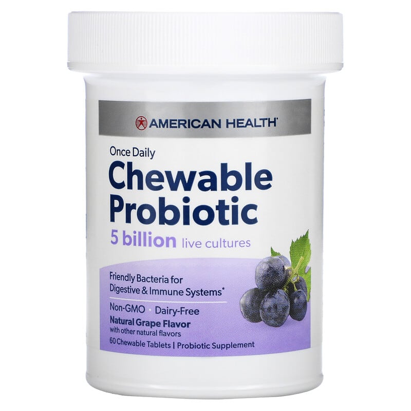 American Health, Once Daily Chewable Probiotic, Natural Grape , 5 Billion CFU, 60 Chewable Tablets 76630300780