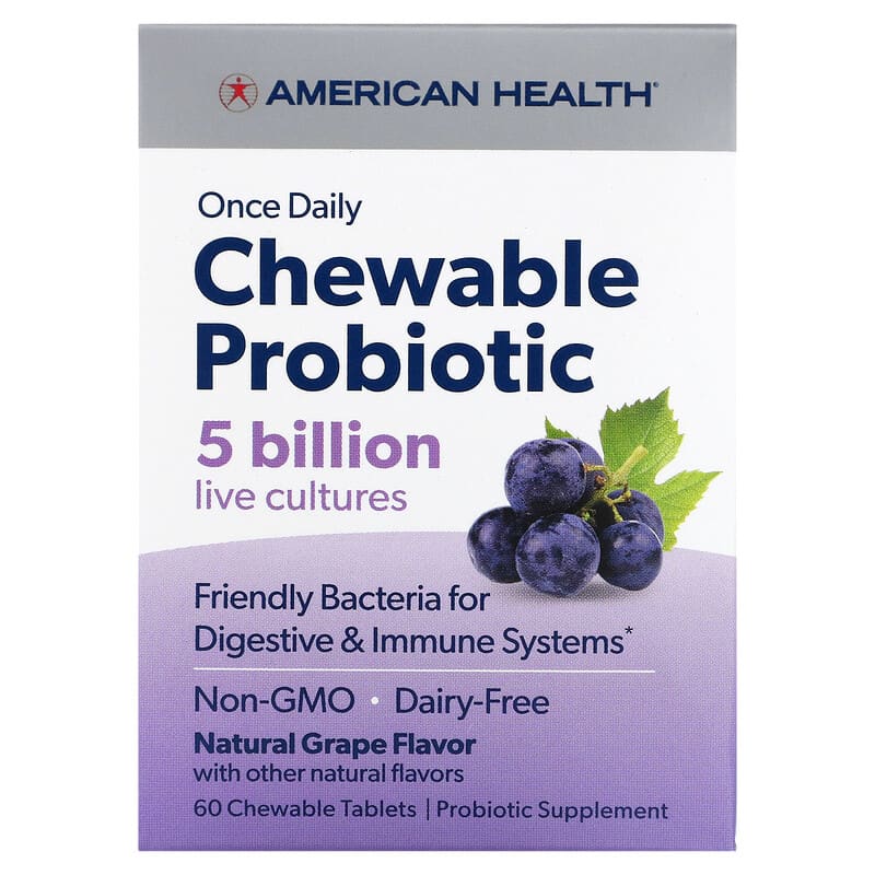 American Health Once Daily Chewable Probiotic Natural Grape  5 Billion CFU 60 Chewable Tablets 76630300780